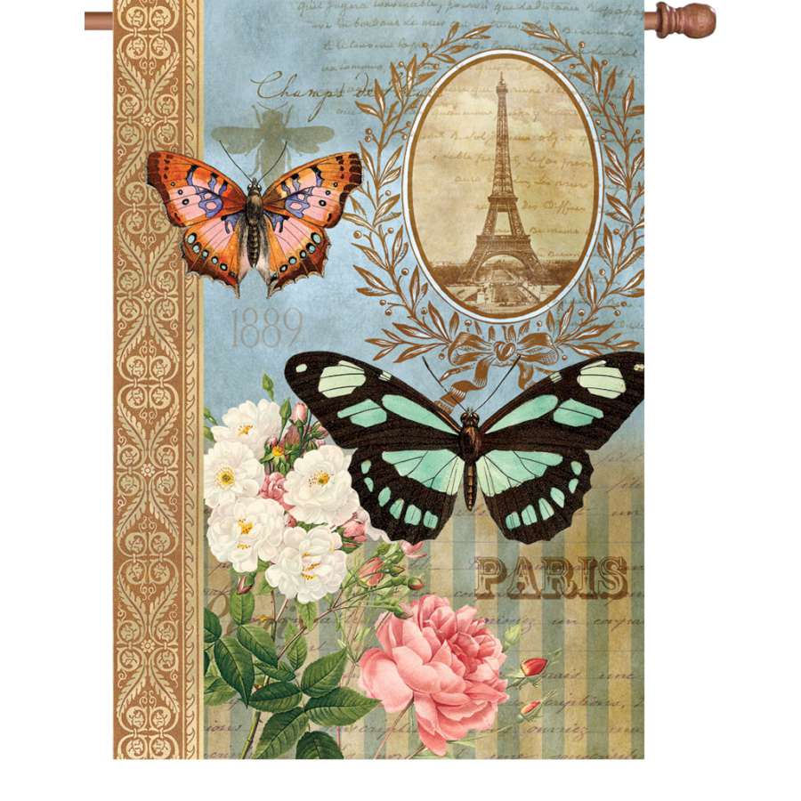 28-inch Unique Butterflies garden flag featuring colorful butterfly designs on soft fabric, displayed beautifully on an outdoor flag stand.