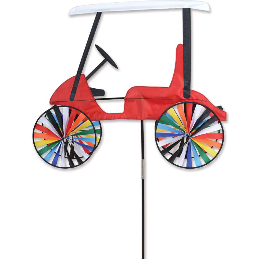 29 inch Golf Cart Spinner designed with colorful graphics, spinning gracefully atop a golf cart against a backdrop of a golf course.