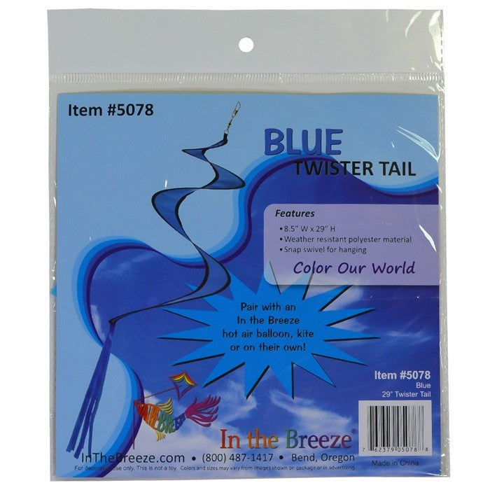 29" Blue Twister Tail accessory for hot air balloon spinner, featuring solid blue color and lightweight design, fluttering in the wind.