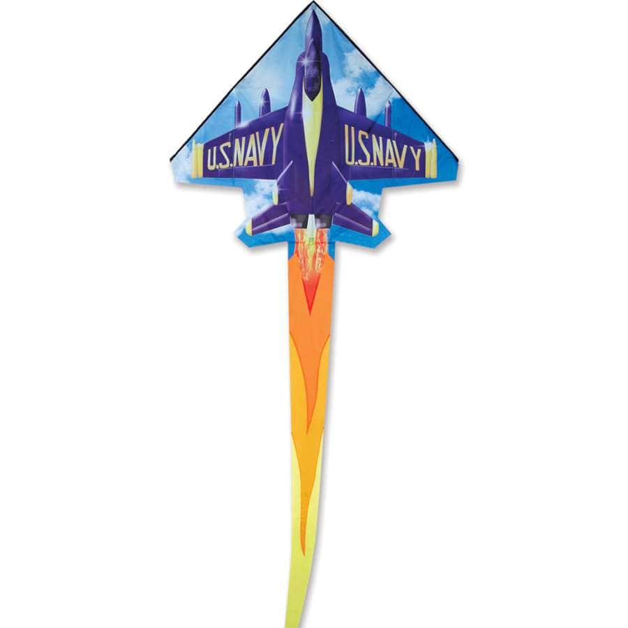 2D Blue Angel jet kite with iconic navy-and-yellow design, ripstop polyester, fiberglass frame, and 300 ft. of line. Includes color-header storage case.