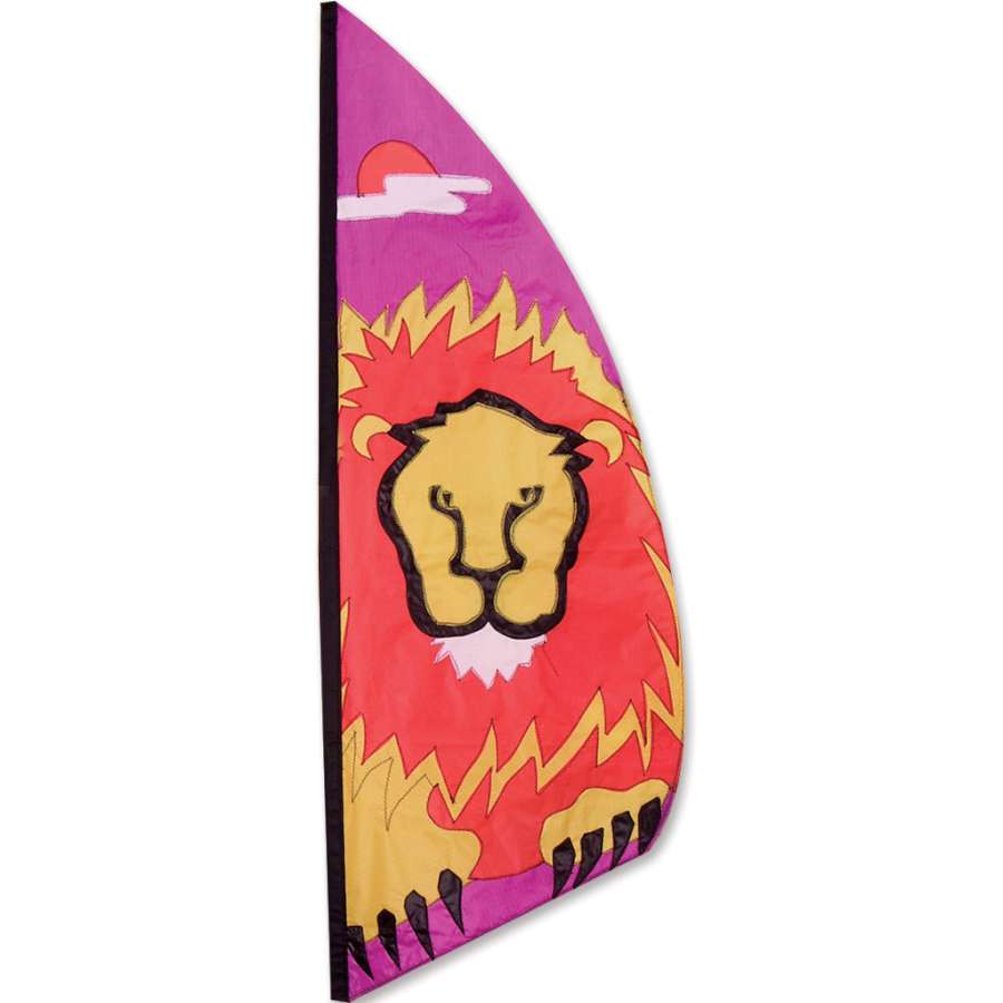 3.5 ft. Feather Banner featuring a vibrant lion design displayed outdoors, adding color and personality to its surroundings.