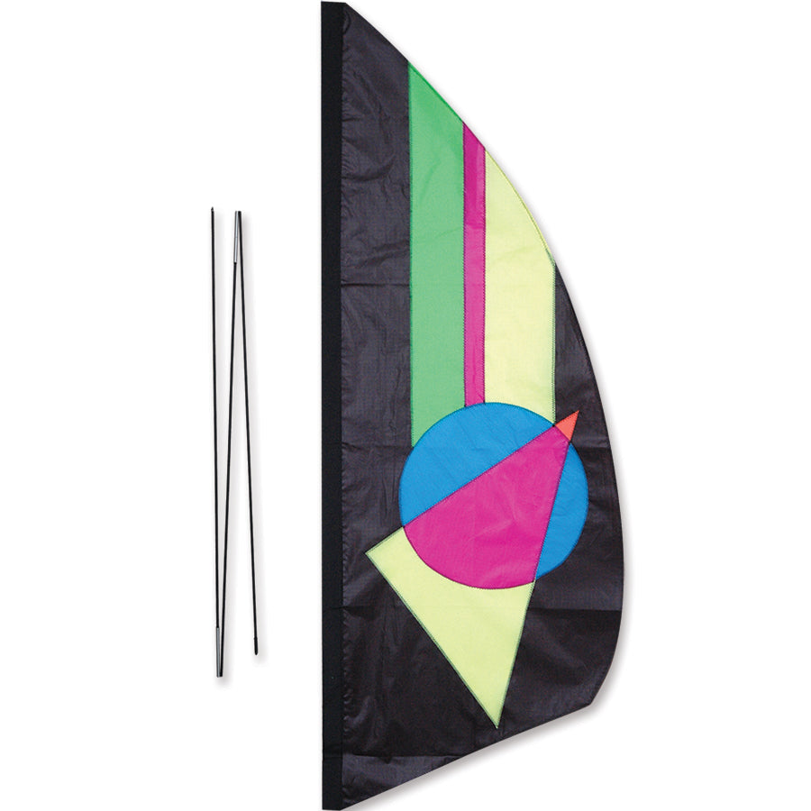 3.5 ft. Recumbent Bike Feather Banner - Neon Prizm displayed on a recumbent bicycle in bright colors showing a stained-glass effect.