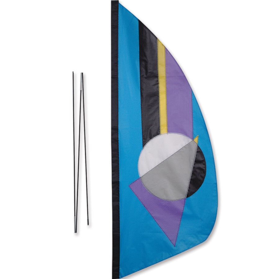 3.5 ft. Recumbent Bike Feather Banner in Oceanic Prizm design attached to a bike pole, showcasing its vibrant colors and durable build against a sunny backdrop.