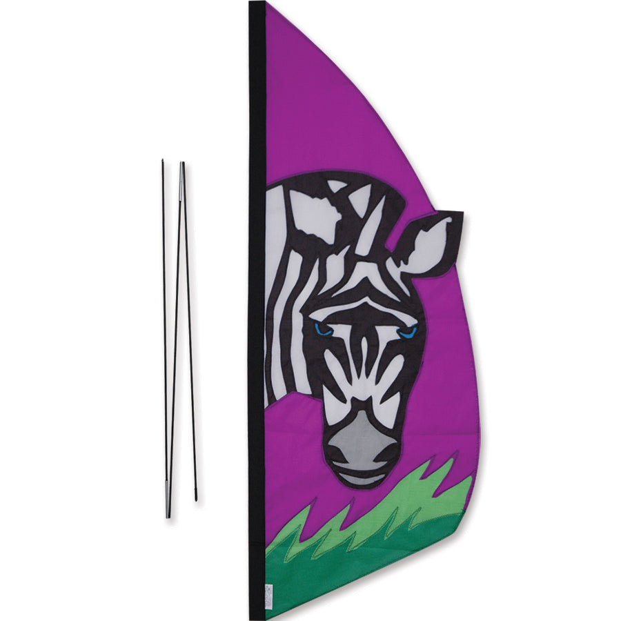 3.5 ft. zebra feather banner on a recumbent bicycle, showcasing sunlight's stained-glass effect and ripstop nylon material.