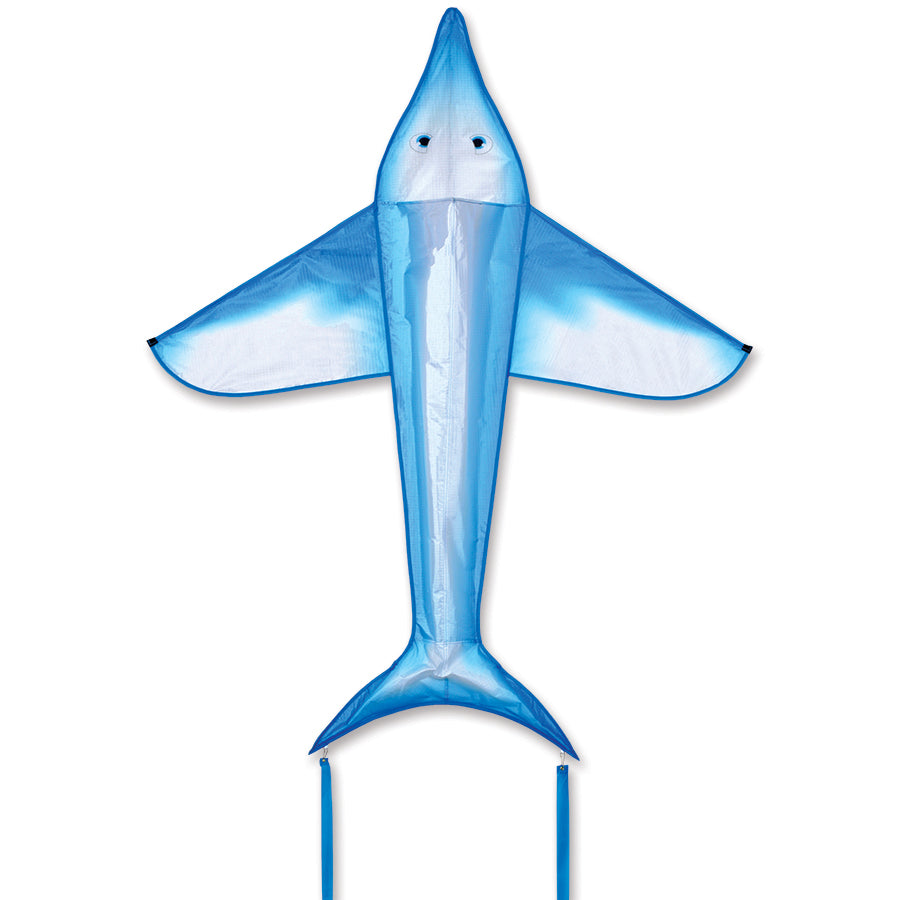 3-D Dolphin Kite featuring vibrant dolphin design, soaring in a clear blue sky with a winder and line included, measuring 48 x 59 inches.