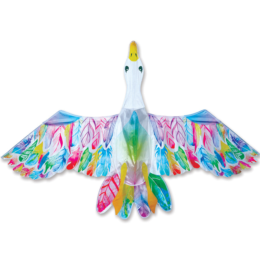 3-D Swan Kite measuring 68x45 inches soaring in the sky, showcasing a vibrant swan design against a blue backdrop during outdoor fun.