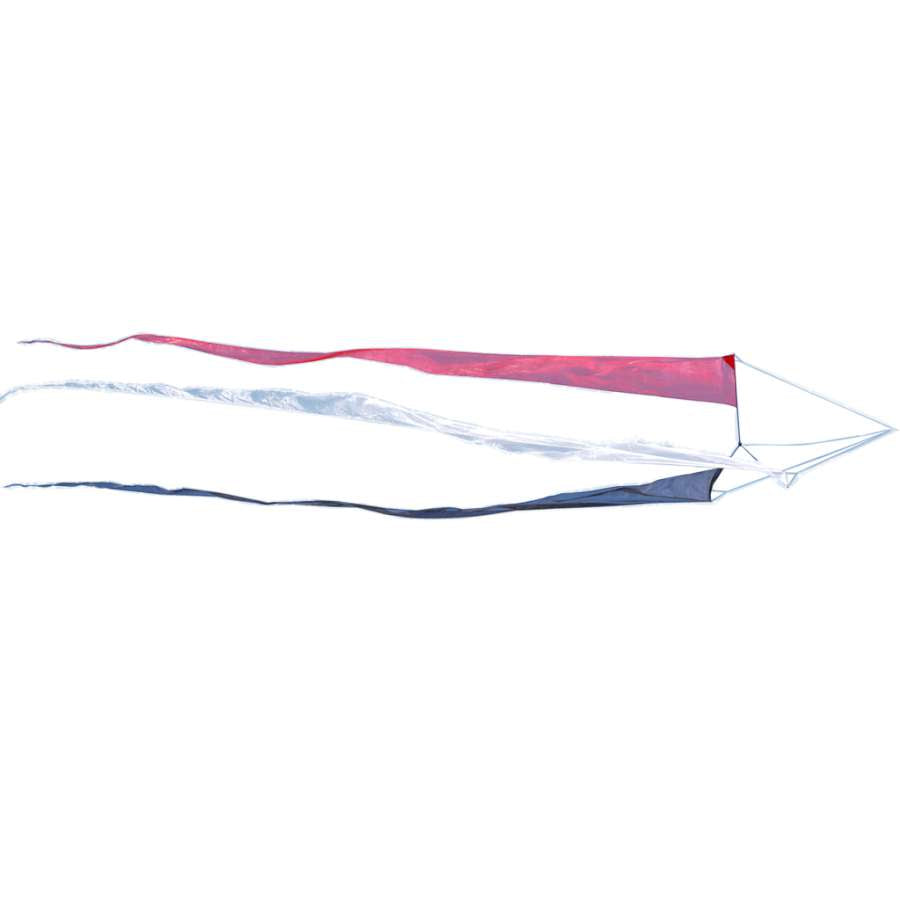 30 ft. Slo Mo Twister kite tail in red, black, and white Organza fabric gracefully flowing in the wind, creating a stunning visual display.