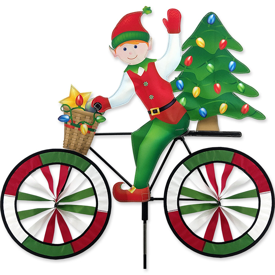 30 in. Bike Spinner - Elf featuring a six-panel design with colorful elves, attached to a bicycle, spinning in an outdoor setting.