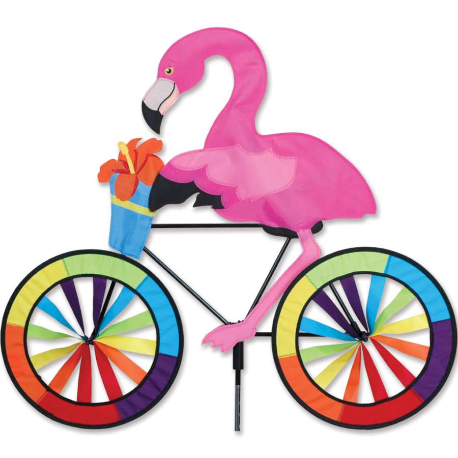 30 in. Bike Spinner - Flamingo showcasing colorful six-panel design attached to a bicycle, swirling in the wind.