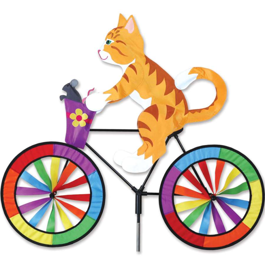 30 in. Bike Spinner - Kitty with colorful cat designs, spinning in the wind, attached to a bicycle in a sunny outdoor setting.