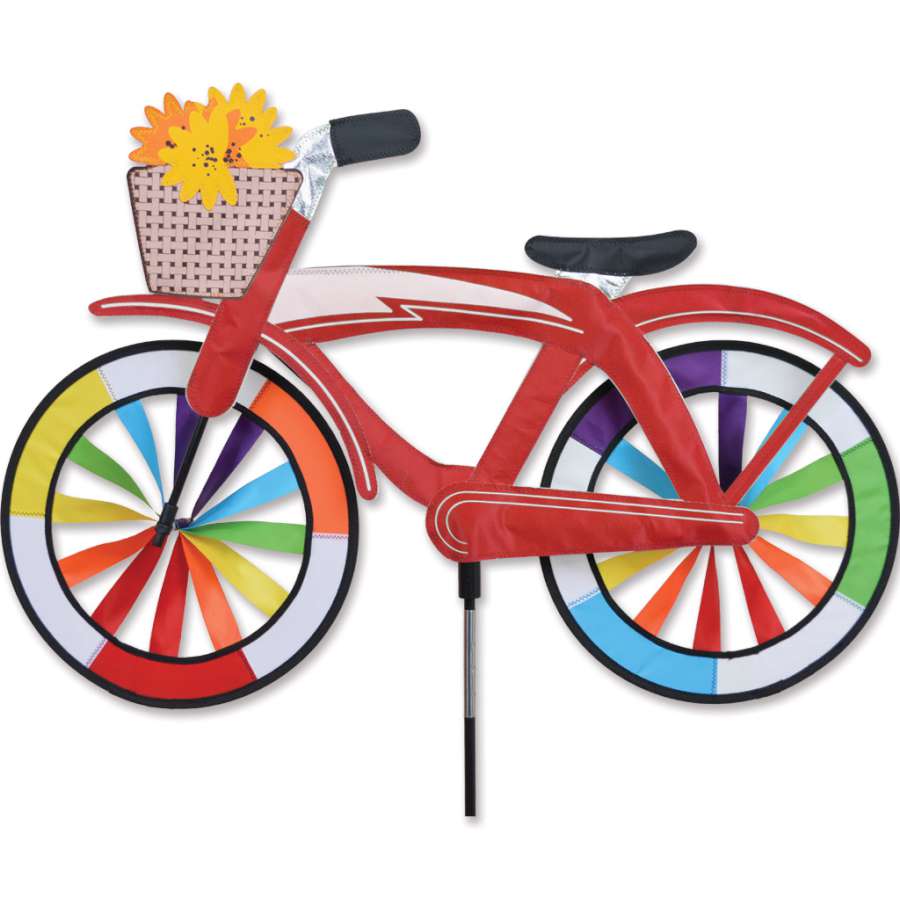 Vibrant 30 in. Bike Spinner in Red Classic Cruiser design spinning in an outdoor garden setting with colorful, dynamic panels.