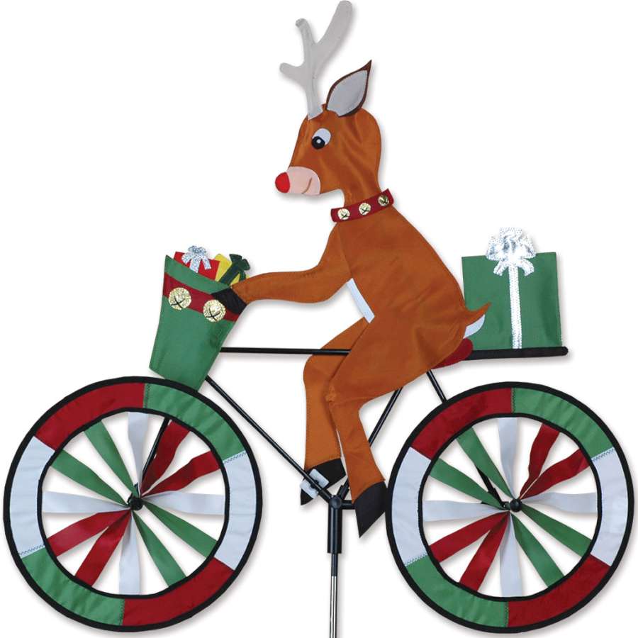 30 in. Bike Spinner - Reindeer showing colorful reindeer design in outdoor setting, spinning on bicycle handlebars.
