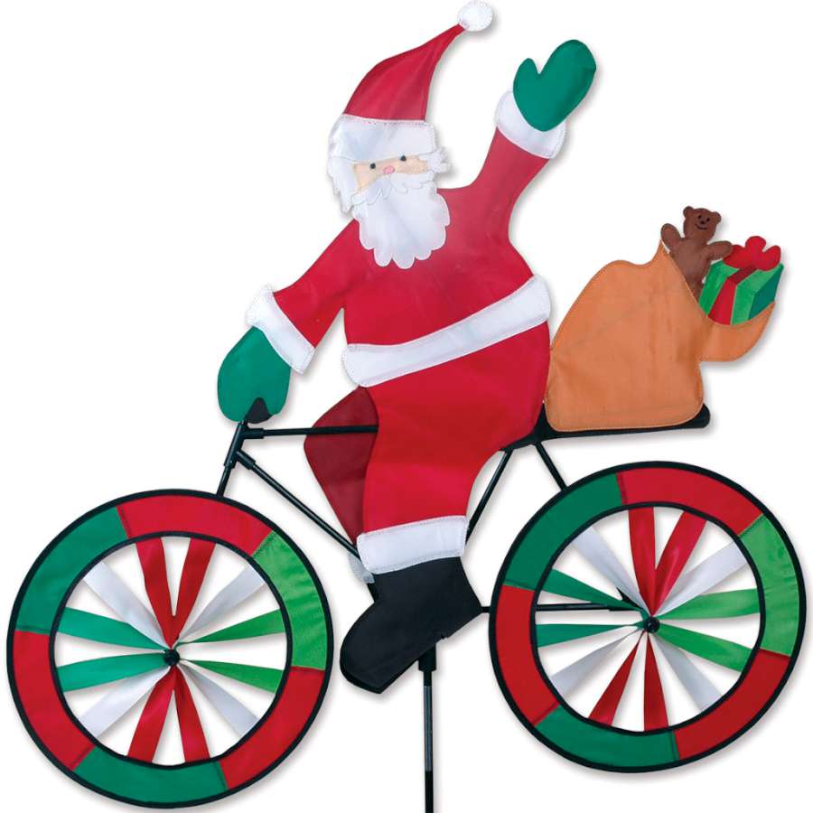Festive 30 in. Bike Spinner featuring a Santa design, spinning in the outdoor breeze against a colorful background.