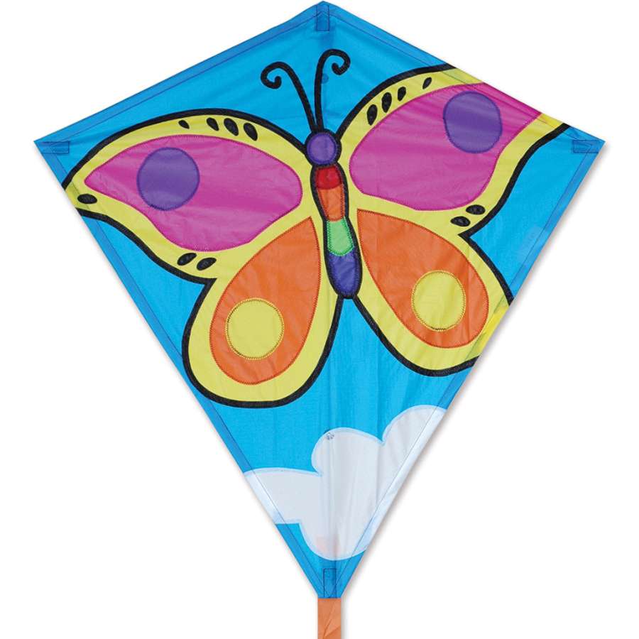 30 in. Diamond Kite with a Brilliant Butterfly design gracefully soaring in the sky, showcasing its colorful graphics and tail.