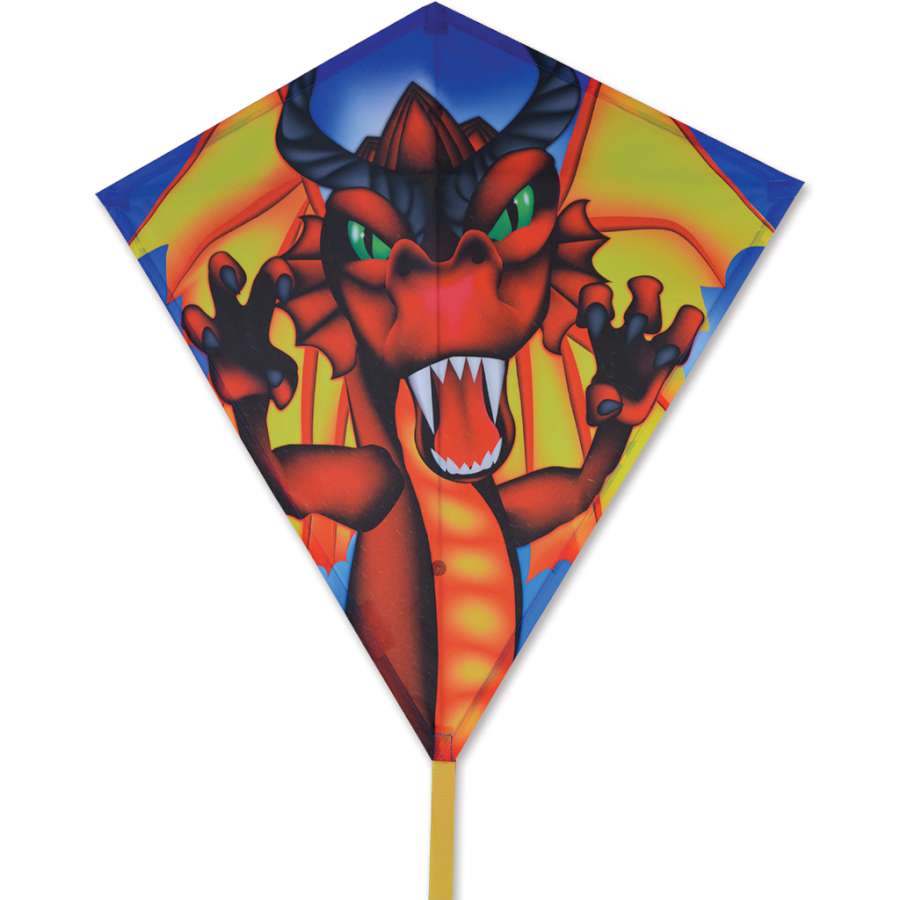 30 in. Diamond Kite - Flame Wing Dragon flying in the sky with a colorful dragon design and tail, showcased against a bright blue background.