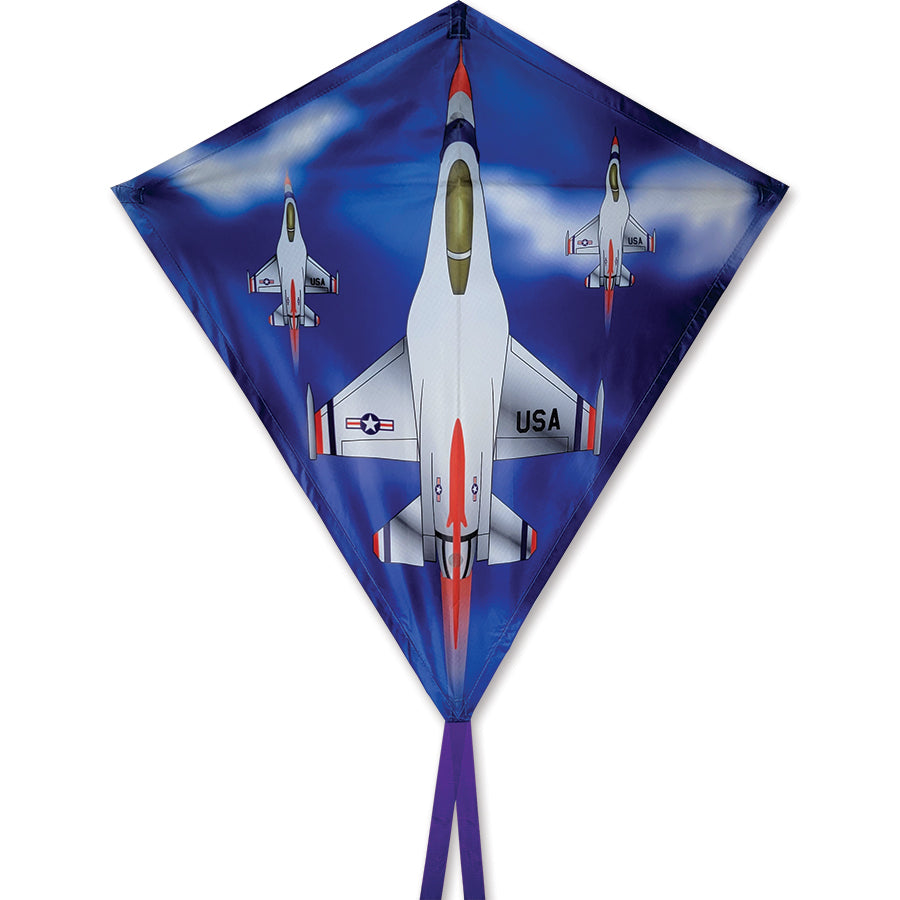 30 in. Diamond Kite - Jet with whimsical graphics flying against a blue sky, showcasing durability and vibrant colors, ideal for outdoor fun.