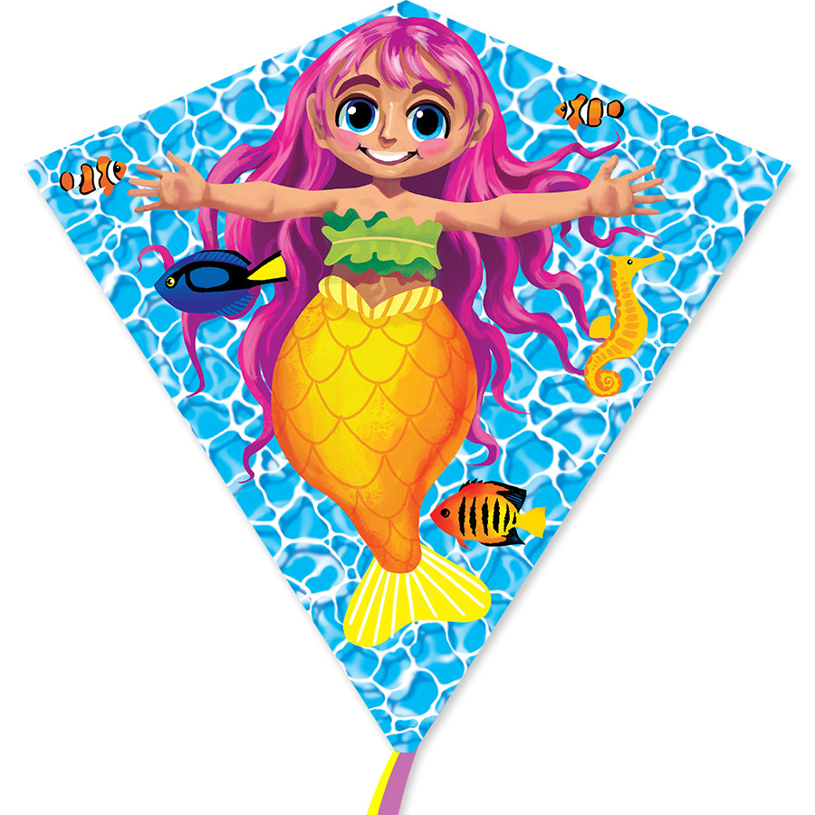Colorful 30 in. Diamond Kite with a mermaid design soaring in the sky, showcasing its durable construction and vibrant colors.
