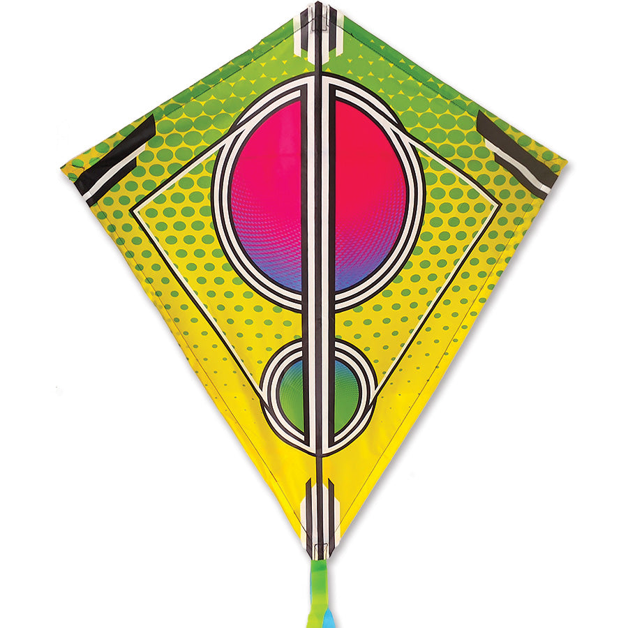A colorful 30 in. Diamond Kite in Neon Sport Citrus flying high in the sky, featuring playful graphics and a traditional tail, against a clear blue backdrop.