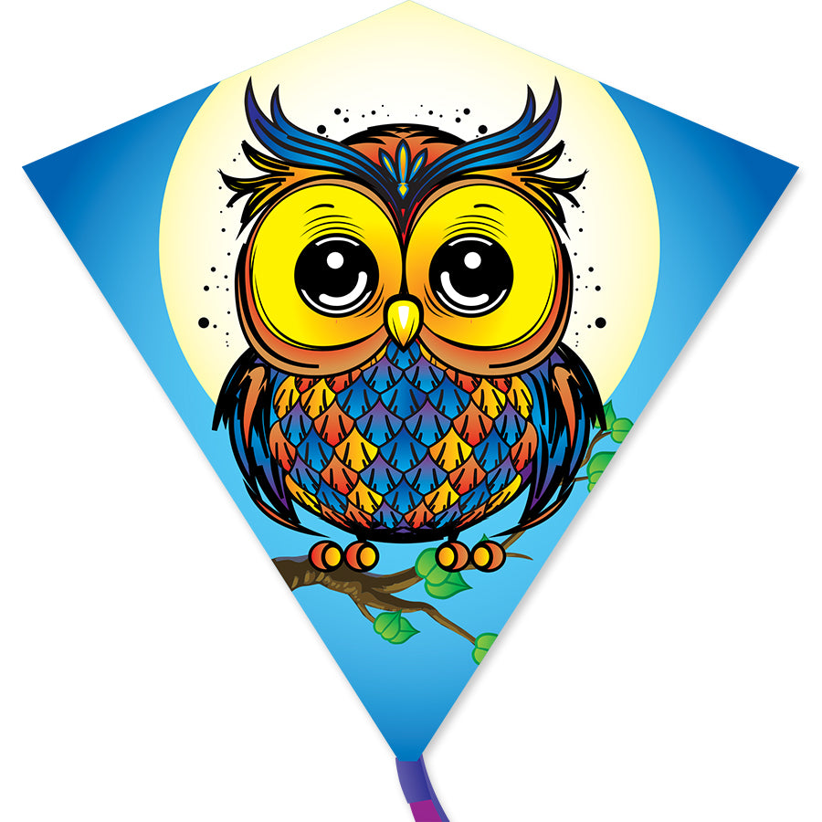 30 in. Diamond Kite - Owl showcasing vibrant colors and an owl design flying in a clear blue sky during outdoor fun.