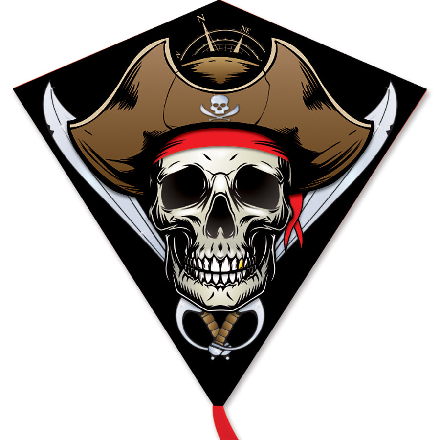 30 in. Diamond Kite - Pirate soaring in a blue sky, showcasing a colorful design made from rip-stop polyester and held by a strong fiberglass frame.