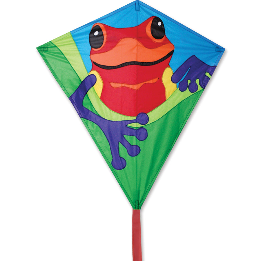 30 in. Diamond Kite - Poison Dart featuring colorful designs, flying gracefully against a clear blue sky with bright graphics on ripstop polyester fabric.