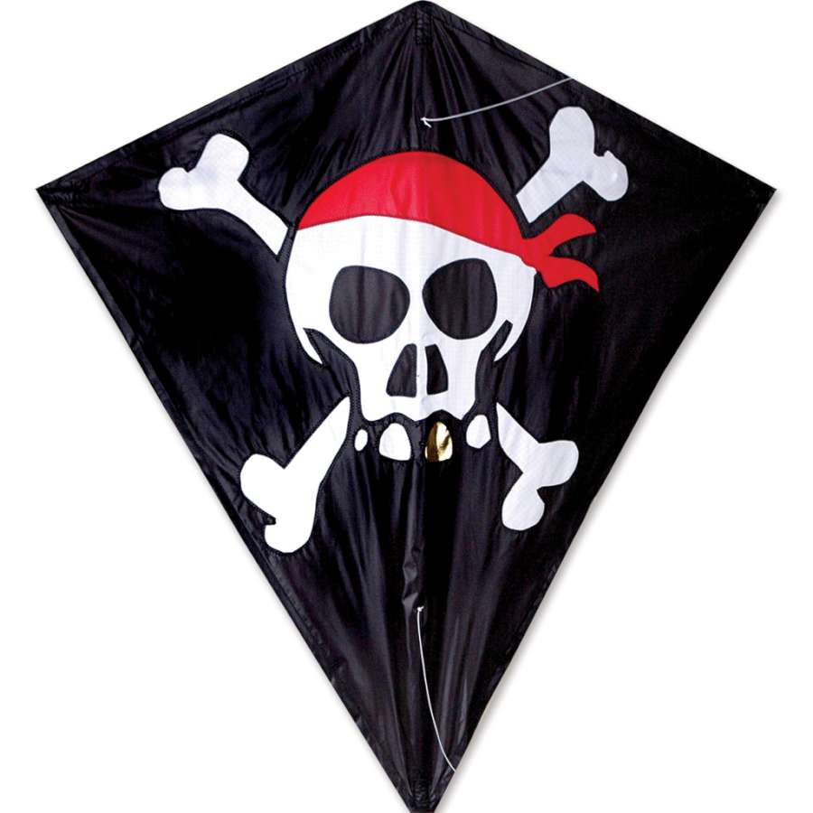 30 in. Diamond Kite with Skull & Crossbones design soaring in the sky, featuring vibrant colors and a traditional diamond shape for outdoor fun.