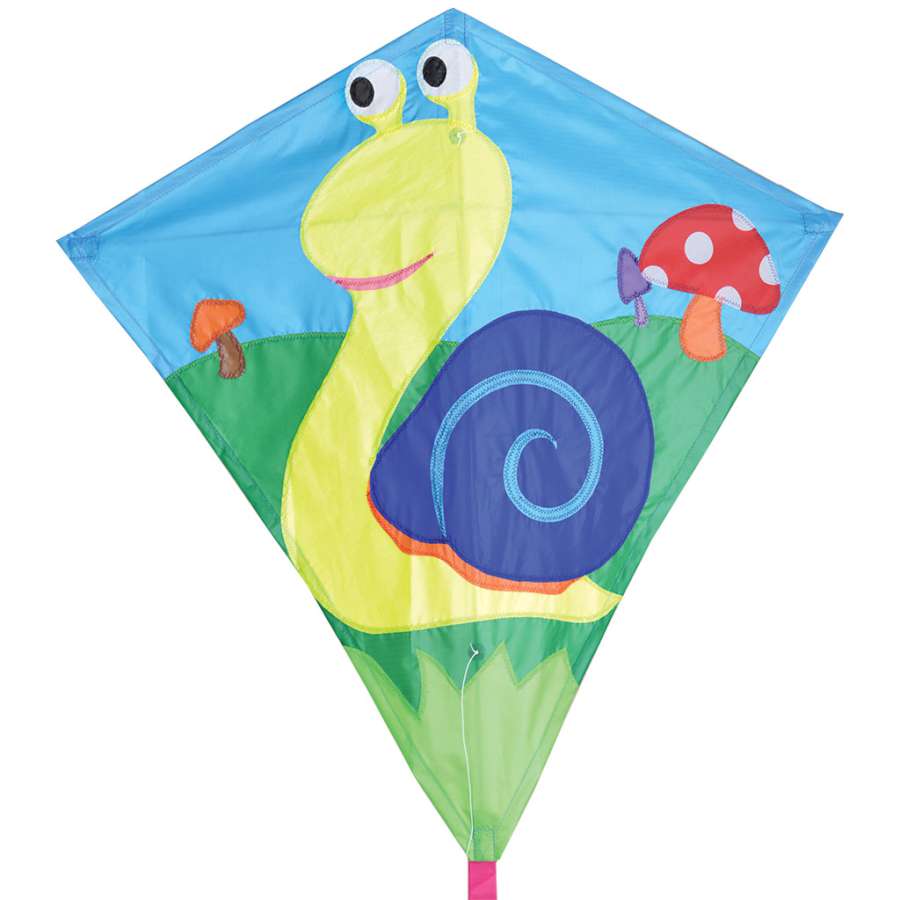 30 in. Diamond Kite - Snail with colorful design flying against a clear blue sky, showcasing its playful graphics and sturdy construction.
