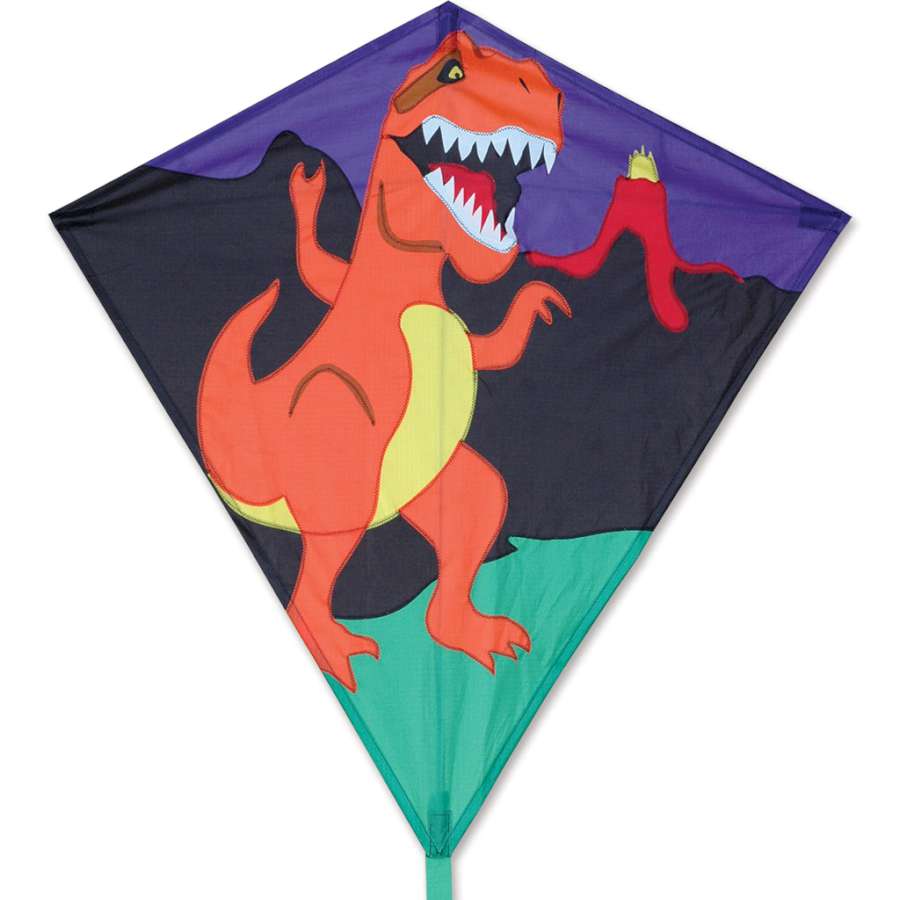 30 in. Diamond Kite featuring playful T-Rex design against a blue sky - ideal for outdoor adventures and family fun in the sun.