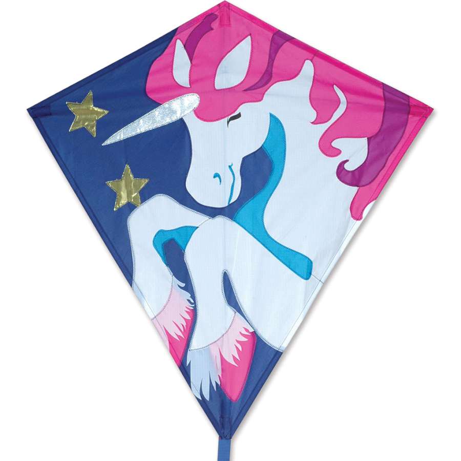 Vibrantly designed 30 in. Diamond Kite featuring a Trixie Unicorn, soaring high in the sky against a clear blue backdrop.