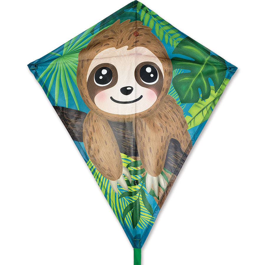 30 in. Sloth Diamond Kite showcasing colorful sloth graphics, flying in a blue sky with fluffy clouds, demonstrating its vibrant design and playful appeal.