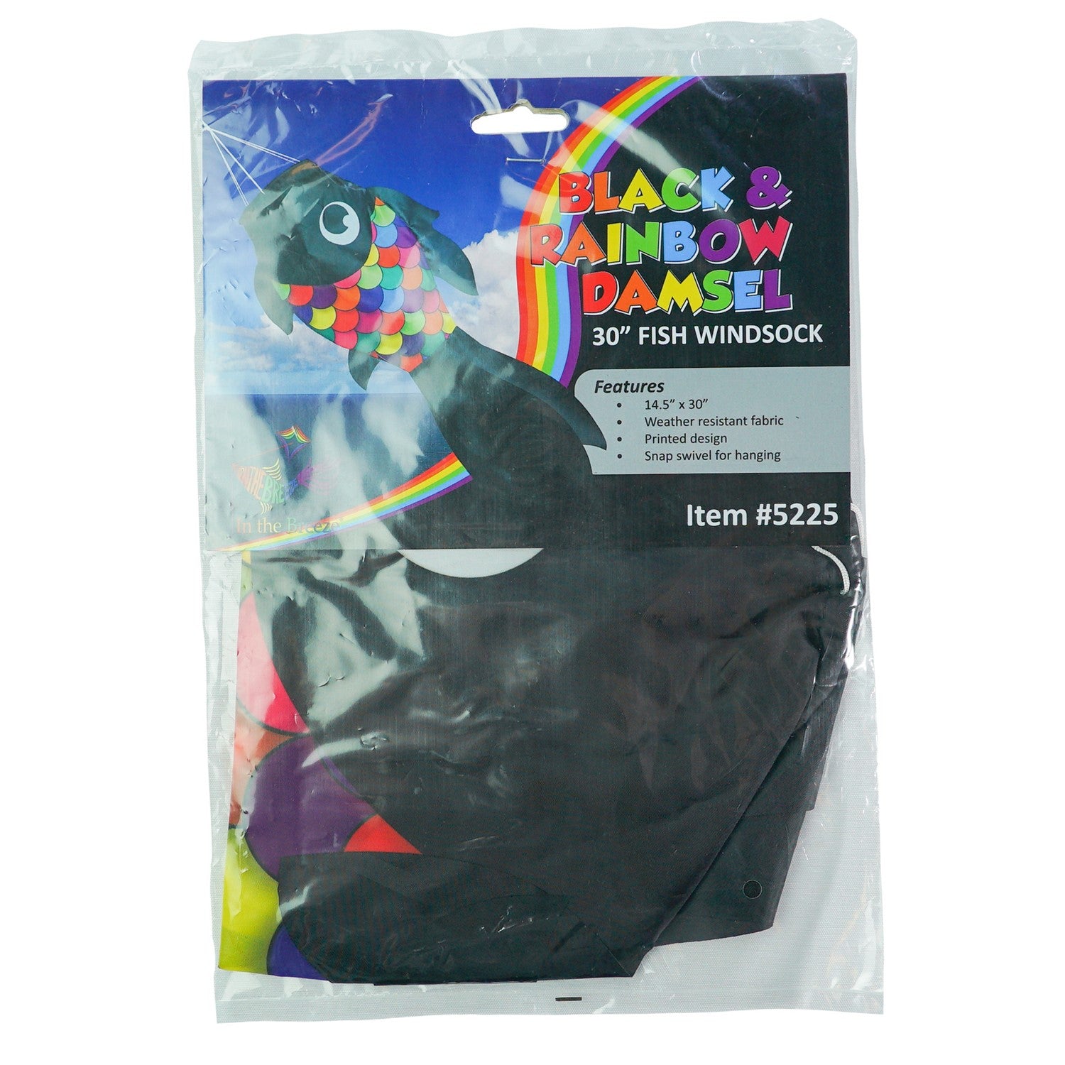 30-inch Black & Rainbow Damsel Fish Windsock swaying in a gentle breeze, featuring flowing fins and colorful design suitable for outdoor decor.