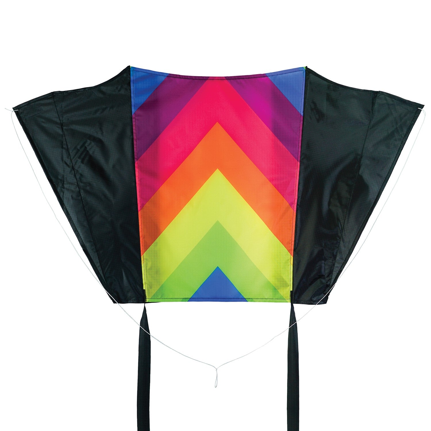 30-inch Neon Fiesta Stripe Sled Kite in vibrant colors flying high with black tails, suitable for beginners and easy to pack.