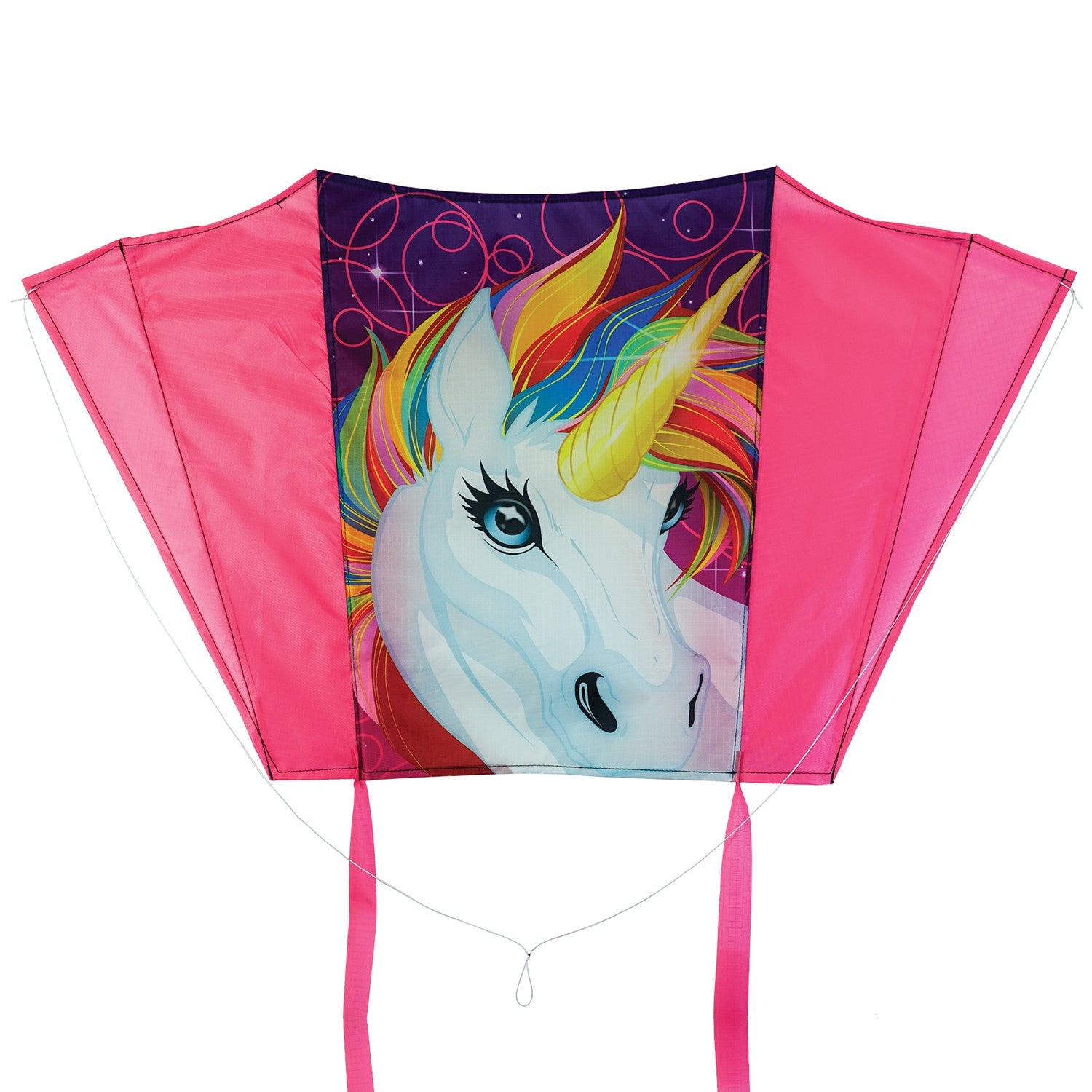 30-Inch Unicorn Sled Kite with vibrant colors and unicorn design flying against a blue sky, perfect for outdoor fun.