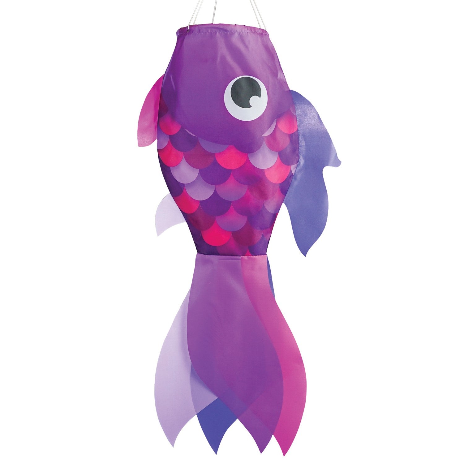 30" Lavender Damsel Fish wind sock with vibrant lavender coloration and free-flowing fins displayed outdoors in a garden setting.