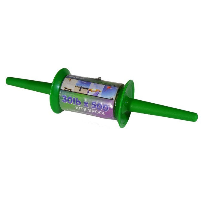 30 LB x 500' twisted kite line on spool, featuring durable twisted polyester, snap swivel, and vibrant colored spools for stylish outdoor flying.