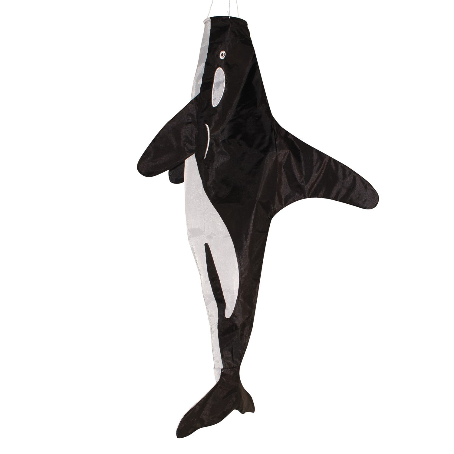 30-inch Orca Windsock featuring a killer whale design, displayed outdoors, swaying gently in the breeze against a clear sky.