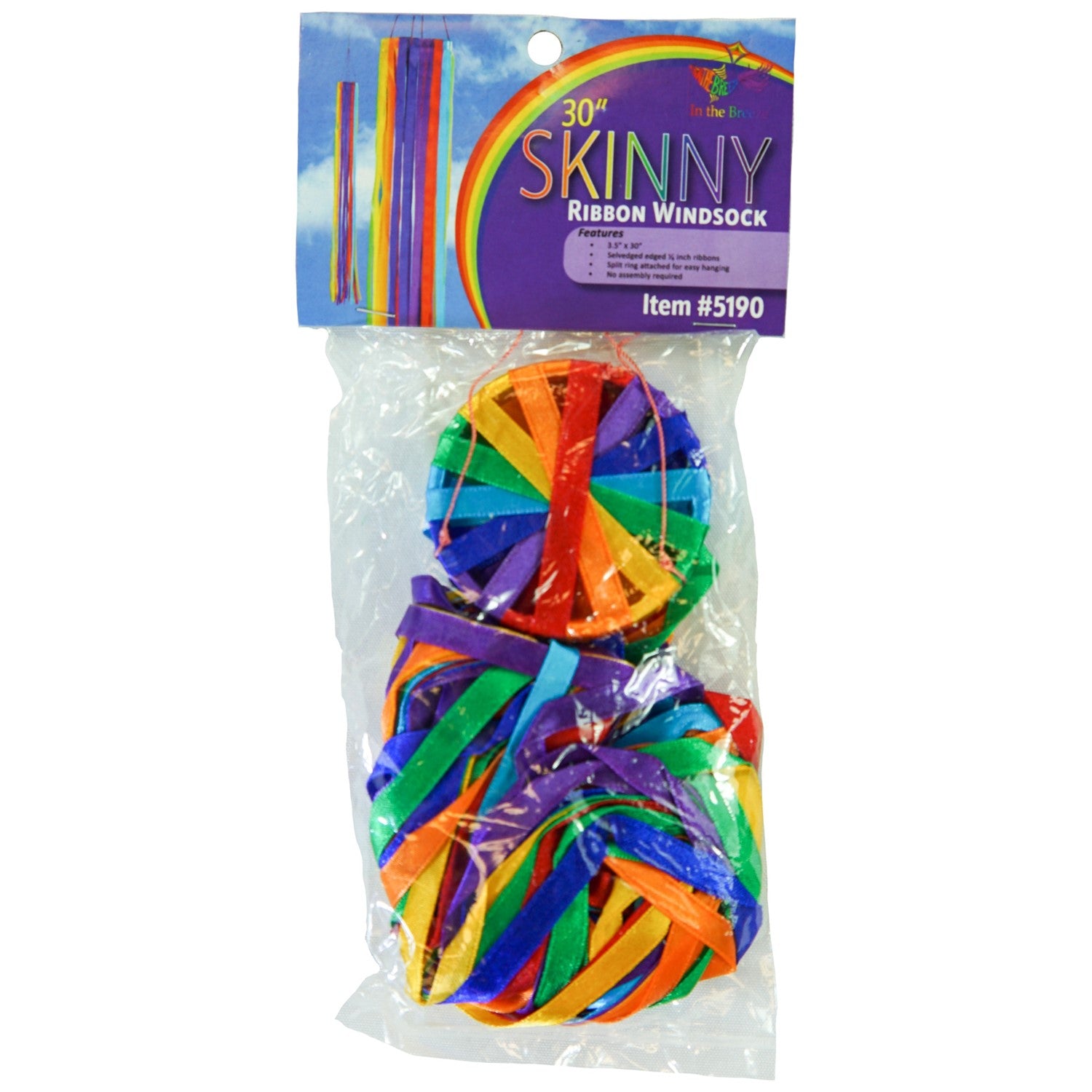 30-inch Skinny Ribbon Windsock featuring shiny rainbow satin ribbons arranged around a durable hoop, elegantly swaying in the breeze.