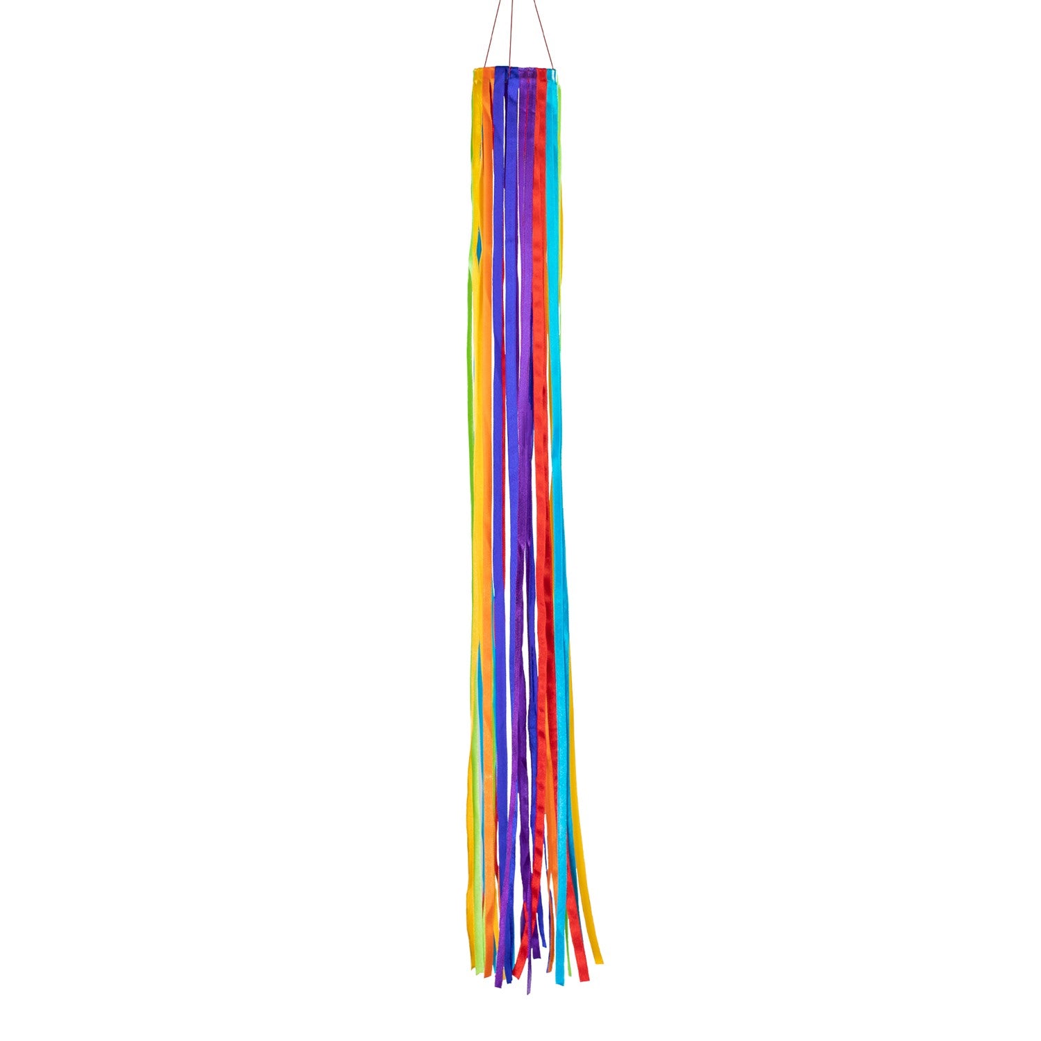 30-inch Skinny Ribbon Windsock featuring shiny rainbow satin ribbons arranged around a durable hoop, elegantly swaying in the breeze.