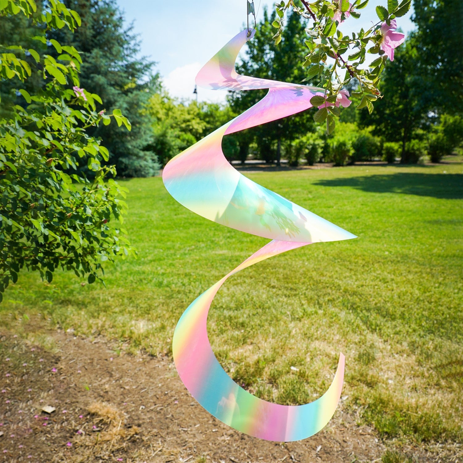 30" Striped Iridescent Twister Tail with vibrant colors and rotational design, gracefully spinning in the breeze and enhancing outdoor aesthetics.