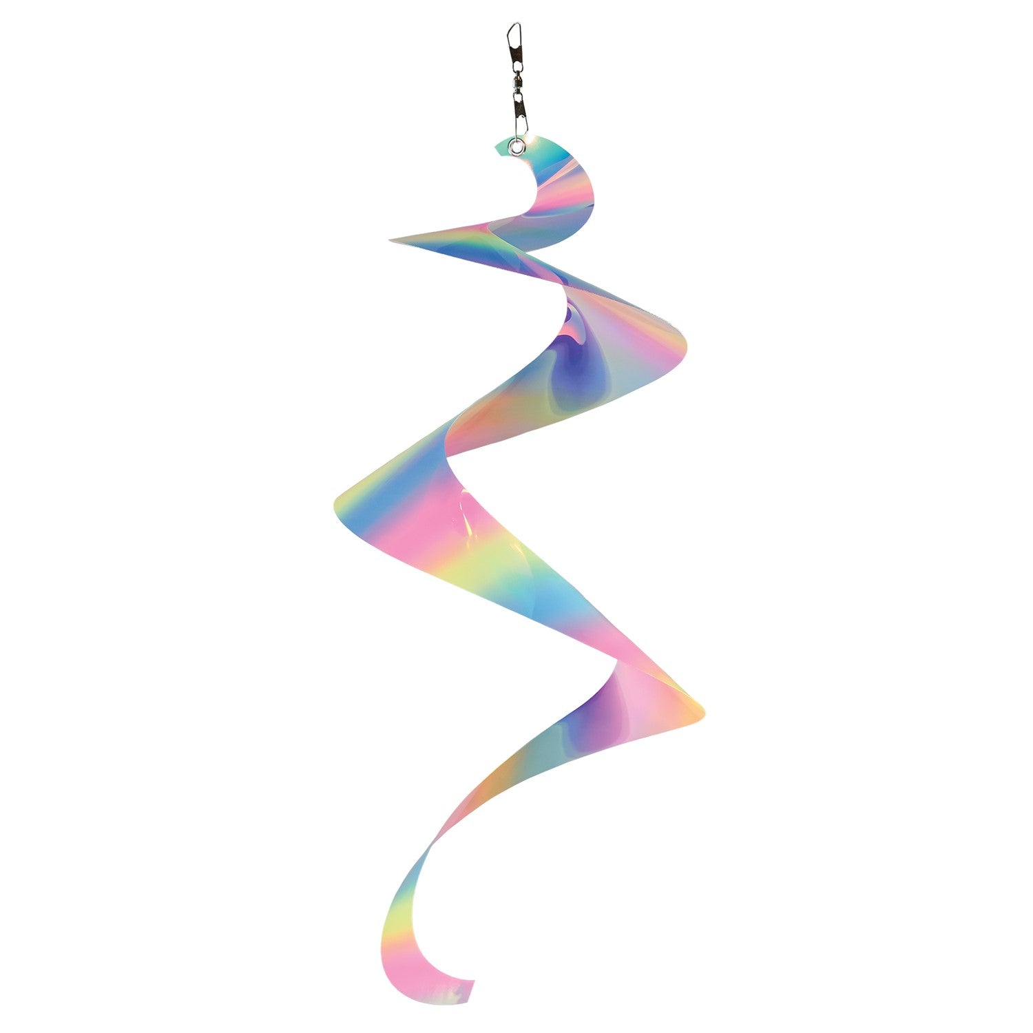 30" Striped Iridescent Twister Tail with vibrant colors and rotational design, gracefully spinning in the breeze and enhancing outdoor aesthetics.