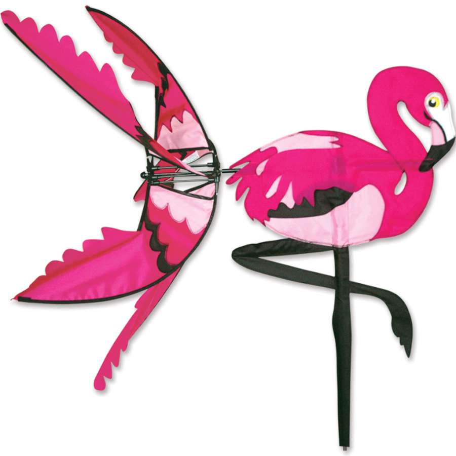 Vibrant 34 in. Pink Flamingo Spinner showcased in a garden, spinning in the breeze against a sunny backdrop.