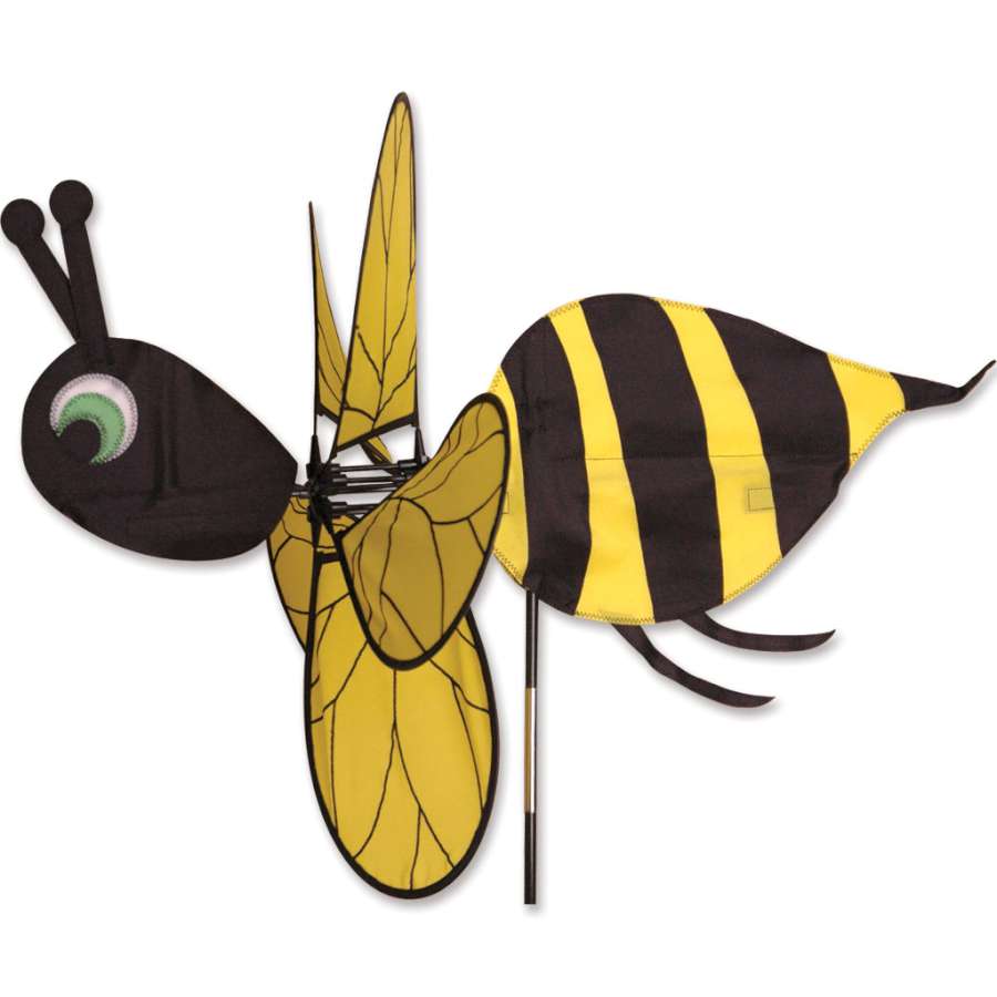 35 in. Flying Bumble Bee Spinner in a vibrant design, with rotating wings, displayed in a garden setting, enhancing outdoor decor.