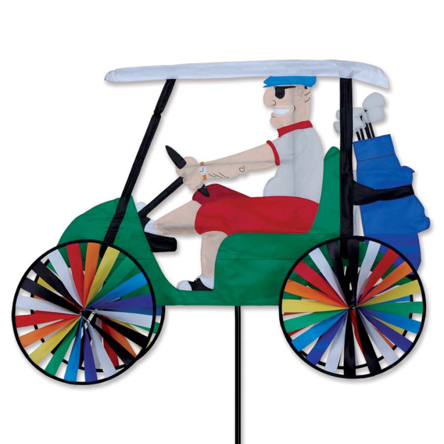 35 in. Golf Cart Spinner shown on a golf cart, brightly colored and rotating in the breeze under a sunny golf course sky.