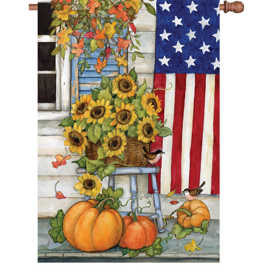 36 in. Elite Oversized House Flag featuring vibrant autumn designs by Susan Winget, displayed on a flag pole in a front porch setting.