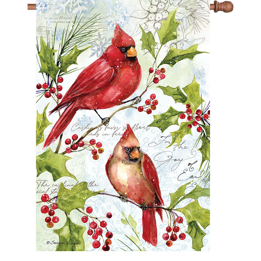 36 in. Elite Oversized House Flag with Holly Cardinals design hanging on a patio pole, showcasing vibrant colors and festive details.