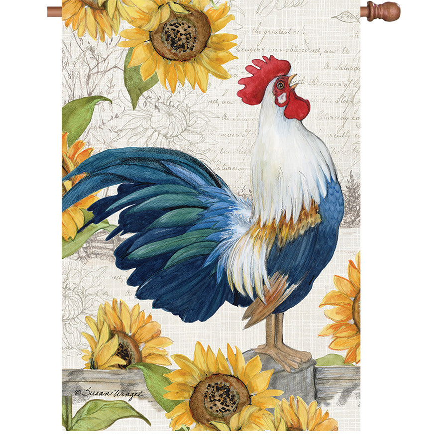 36 in. Elite Oversized House Flag displaying a beautiful Rooster and Sunflower design, perfect for gardens, porches, and outdoor spaces.
