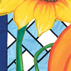 36 in. Elite Oversized Lattice Flag featuring a vibrant harvest pumpkin design, displayed prominently on a flag pole against an autumn backdrop.