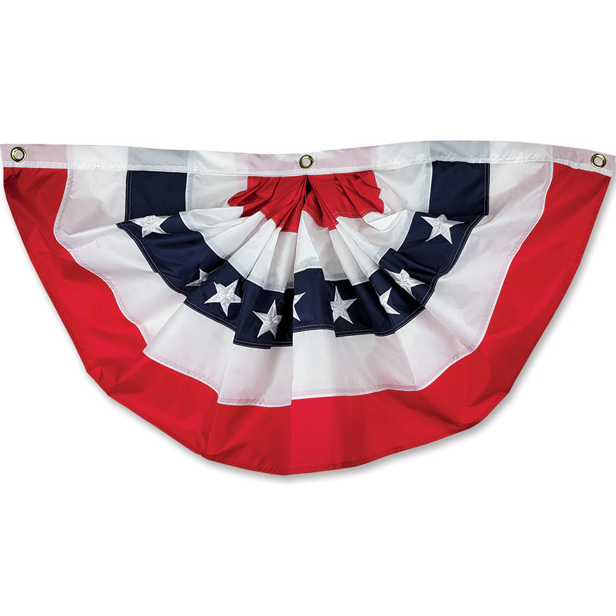 36 in. Patriotic Bunting featuring bold red, white, and blue fabric displayed along a porch railing, enhancing festive outdoor decor.