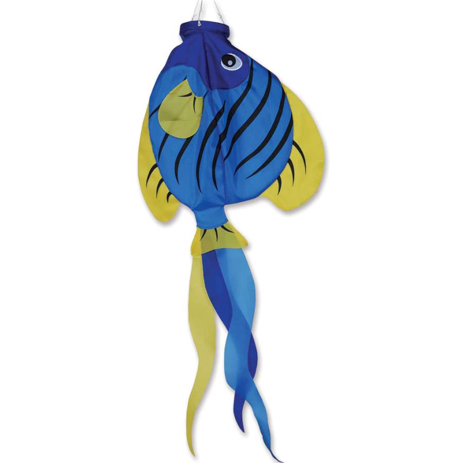 36 in. Striped Angelfish Windsock displayed outdoors, showcasing colorful stripes and a three-dimensional design, fluttering in the wind.