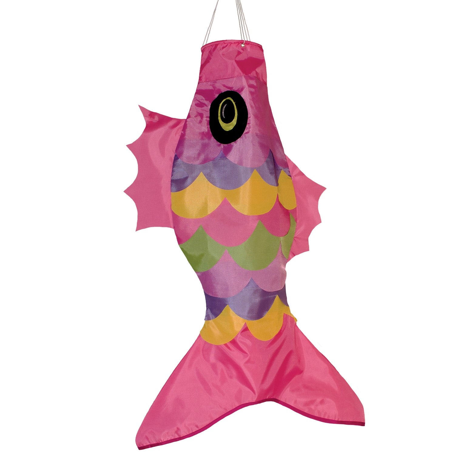 Colorful 36" Soft Overlay Fish windsock with detailed applique design and embroidered accents hanging from a tree in an outdoor setting.
